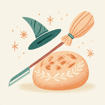 Cute witch hat and broom floating above sourdough bread illustration