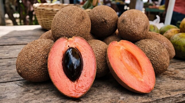 Fresh mamey sapote fruit on a rustic wooden market table