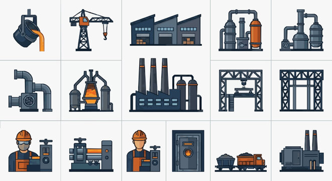 Sleek Flat Set of Industrial Equipment and Workers in Monochromatic Orange and Gray Tones with high quality professional line art symbols for modern creative design and digital branding projects