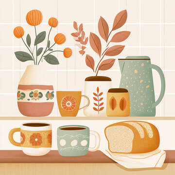 Retro autumn kitchen shelves with bread patterned mugs and botanical vases illustration