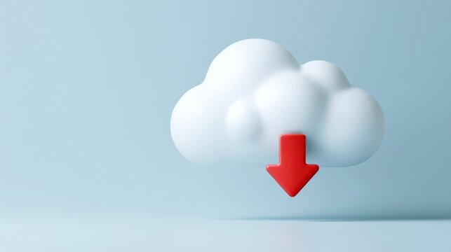 A fluffy white cloud with a bright red arrow pointing downwards, symbolizing data download or cloud storage
