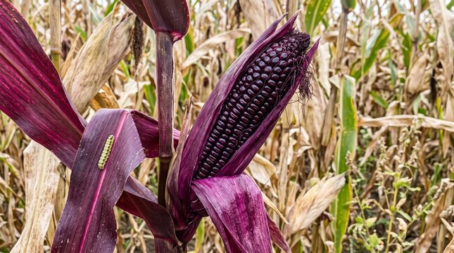 Purple corn ear growing in a rural field under clouds