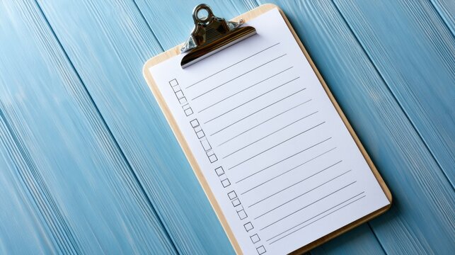 A clipboard with a checklist sits on a blue wooden table. The checklist has lines and checkboxes waiting to be filled