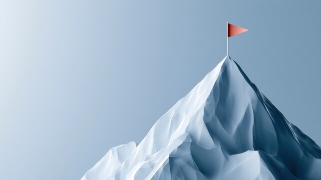 A red flag planted firmly at the summit of a snow-capped mountain, symbolizing achievement and a successfully reached goal