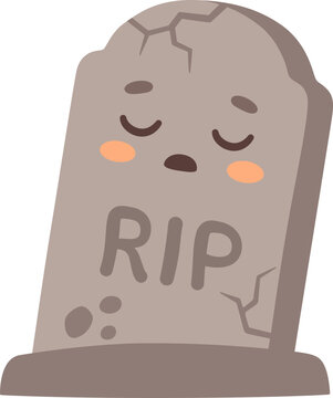 Cute Kawaii Halloween Tombstone Gravestone Rip Text, Sleeping Face Cracked Stone Pink Cheeks, Spooky Holiday Cemetery Single Object Isolated Minimalist Flat Design Style Art