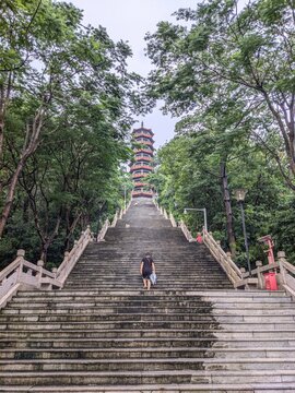 Person climbing stone stairs towards tall pagoda