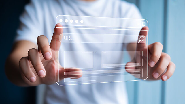 Close up of hands interacting with a transparent virtual web browser interface showcasing digital search and internet technology concepts