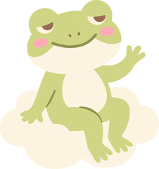 Fototapeta premium Cute Kawaii Light Green Frog Sitting White Cloud Waving, Big Eyes Pink Cheeks Smiling Happy Toad, Friendly Funny Amphibian Animal Character Single Object Isolated Minimalist Flat Design Style Art