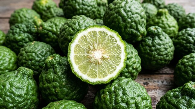 Fresh Green Bergamot Fruit and Sliced Kaffir Lime