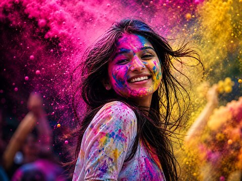 Beautiful Young Indian Woman with Face Covered in Colorful Holi Powder, Smiling Ecstatically Mid-Air During a Festival Celebration