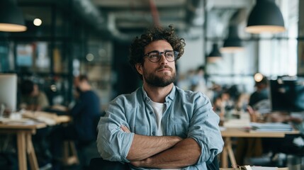Obraz premium Thoughtful young businessman wearing glasses sits with arms crossed in an open plan office with cool ambient lighting.
