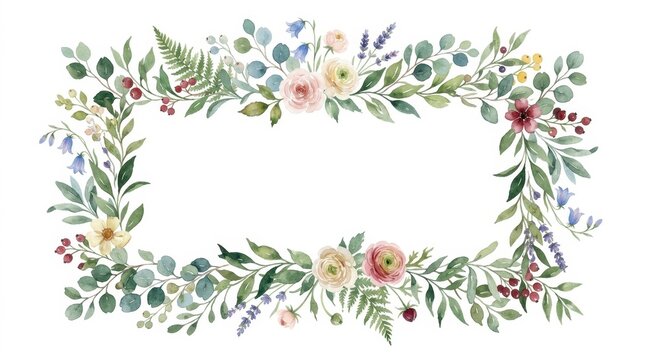 Watercolor botanical floral frame with flowers and leaves