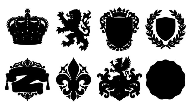 Black and white collection of medieval royal heraldic emblems and crests Vector