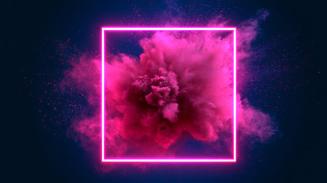 A vibrant pink neon square frame surrounds an explosive cloud of colorful powder particles. Dynamic background for modern graphic design and artistic motion concepts.