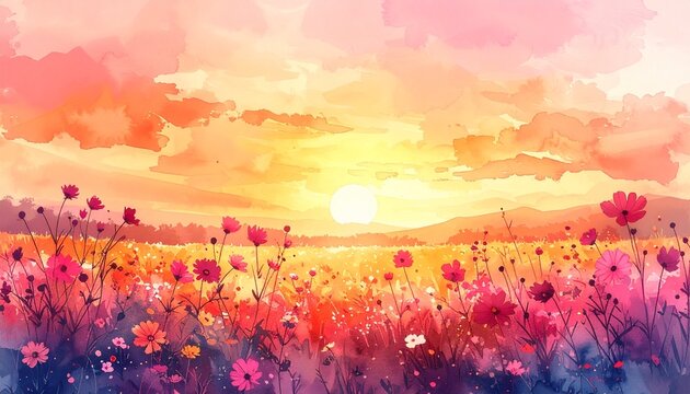 水彩イラスト 真夏の花畑 ひまわり マリーゴールド コスモス 鮮やかな色彩 太陽 余白