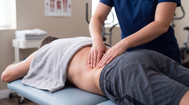 Physical therapy session with therapist performing manual therapy on male patient lower back for pain relief in clinic setting