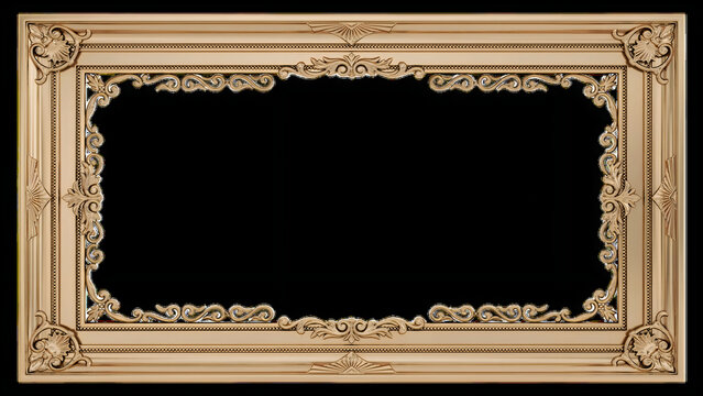Ornate gold picture frame with intricate baroque carvings, vintage decorative border isolated on black background
