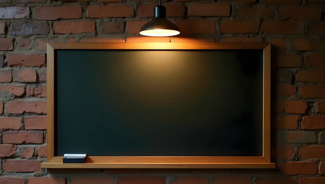 Empty blackboard with wooden frame on a dark brick wall illustration