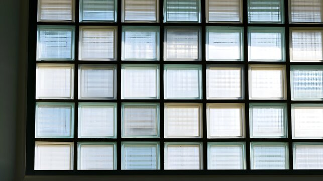 Grid of glass blocks with blinds casting soft light patterns through each pane in a structured architectural setting