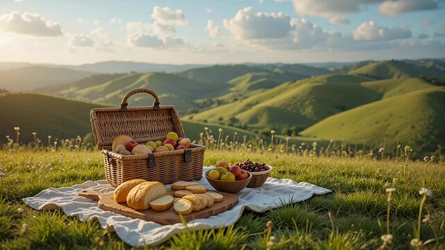picnic hillside sunset with fruit basket and bread cheese blanket