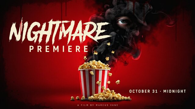 Horror movie premiere poster with popcorn bucket and dark smoke on red background