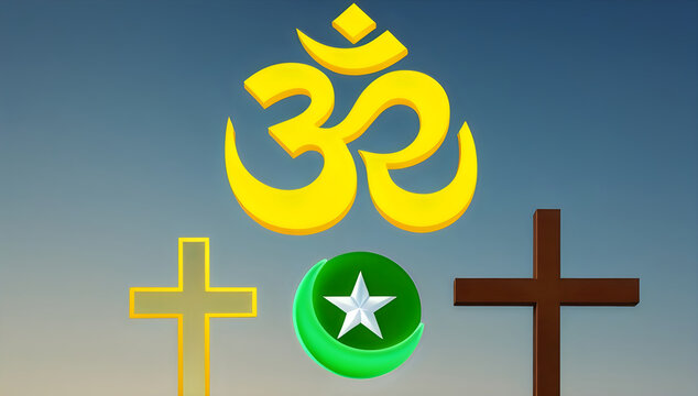 Religious symbols of Om cross and crescent star together illustration