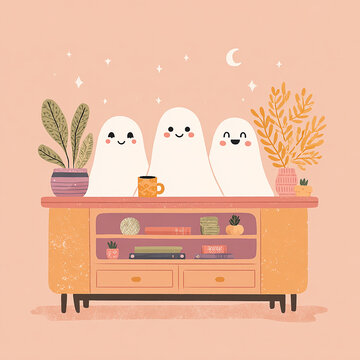 Cute ghost family behind mid century modern cabinet with autumn plants cozy halloween home decor flat illustration