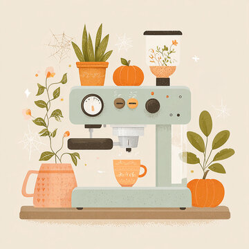 retro espresso machine, autumn pumpkin decor, cozy witchy kitchen, halloween coffee maker, flat vector illustration, spiderweb design, potted houseplants, pastel digital artwork, hygge morning routine