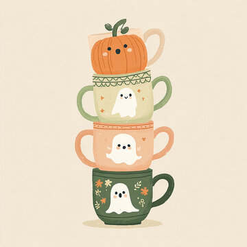 Stacked mugs with cute ghosts and smiling pumpkin cup cozy autumn halloween flat illustration