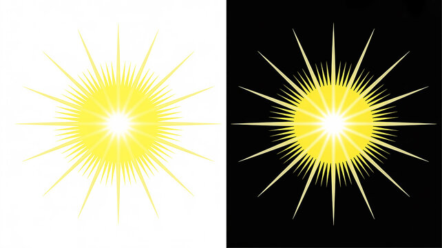A contrasting split-screen image featuring a bright yellow sunburst on a white background and an identical sunburst on a black background, highlighting its radiant glow