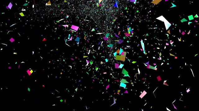 A dynamic 3D simulation animation showing colorful confetti drifting down and bouncing around as it follows the laws of gravity, viewed from below 3d physics render.