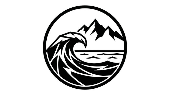 Minimalist black and white wave and mountain logo design.