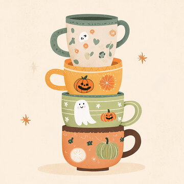 Stacked coffee mugs with cute ghost and pumpkin pattern cozy autumn halloween flat illustration