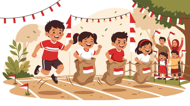 Children sack race competition during Indonesian Independence Day celebration