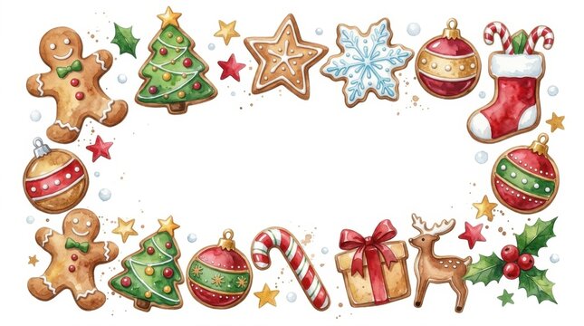 Watercolor Christmas Border with Gingerbread and Holiday Ornaments