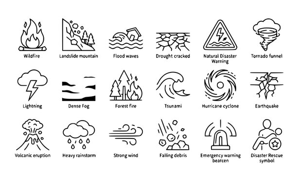 Natural Disaster Fire Flood Tornado Hurricane Thin Line Vector Icon Set