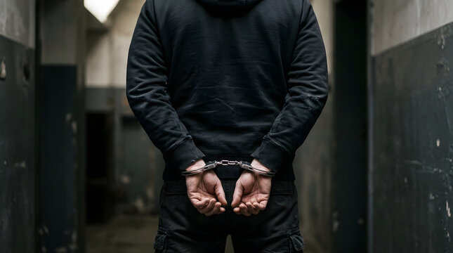 Man in Hooded Sweatshirt with Hands in Handcuffs Behind His Back in a Dark Gritty Corridor, Crime and Justice Concept