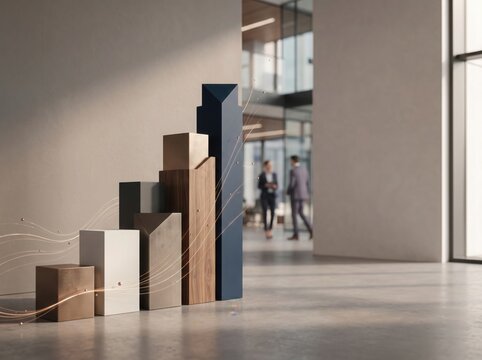 A bar chart made of various wooden and colored blocks standing on a concrete floor in a spacious office lobby with blurred people in background