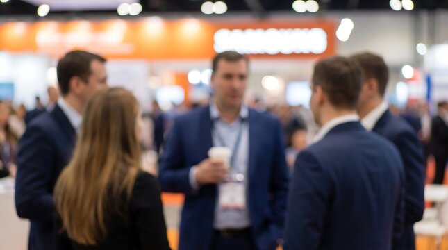 Group of business professionals standing and talking at a corporate networking event with blurred background focusing on industry connections and professional relationship building