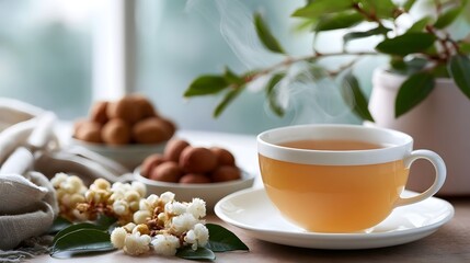 Fototapeta premium A steaming cup of tea sits beside bowls of longan fruit and delicate white blossoms under soft natural light