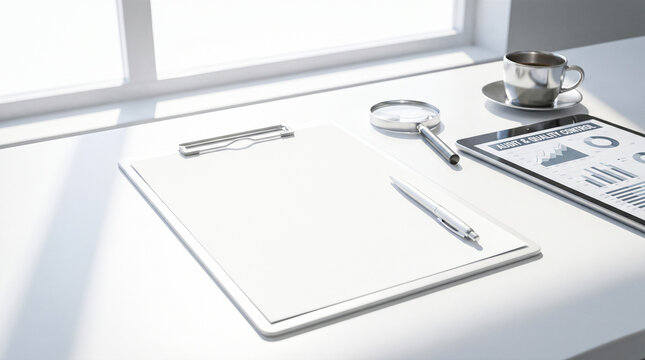 Blank white clipboard lies beside metal pen near digital tablet displaying audit charts and magnifying glass near window on brightly lit table