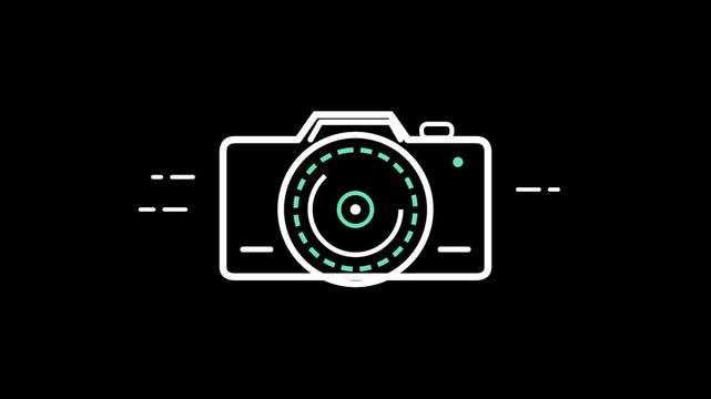 Minimalist camera animation with shutter lens focus and digital flash interface overlay