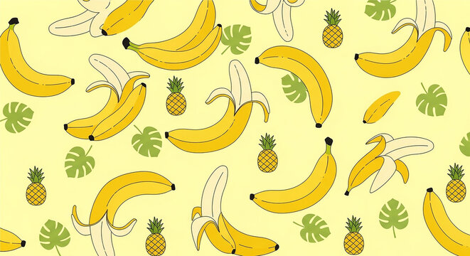 Tropical yellow bananas and green pineapples pattern on light background