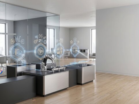A robotic arm operates on a small assembly line in a bright, minimalist office space with holographic digital data floating in the air