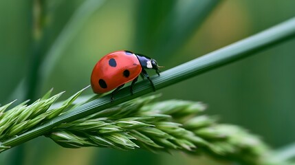 Naklejka na ściany i meble A red ladybug with black spots perches on a green grass stem against a softly blurred natural background