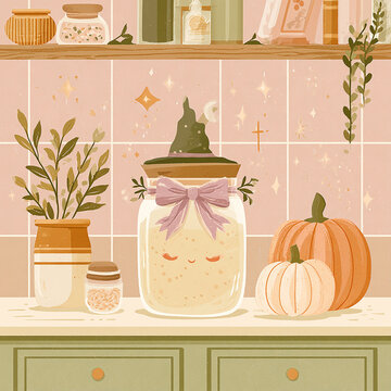 Kawaii sourdough starter jar with sleepy face and witch hat cozy autumn kitchen counter illustration