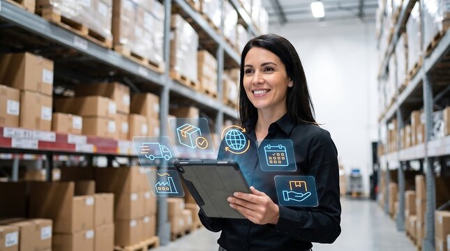 Professional woman in warehouse holding tablet with glowing digital supply chain icons representing logistics management and inventory tracking technology in industrial distribution center