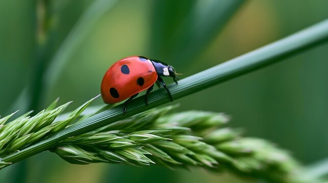 A red ladybug with black spots perches on a green grass stem against a softly blurred natural background