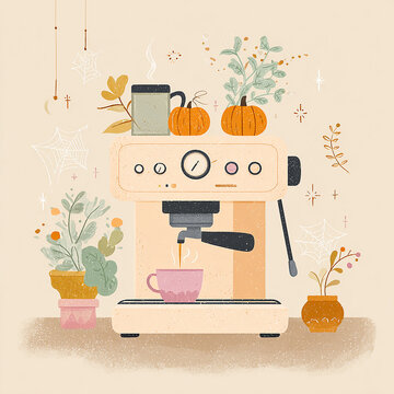 Halloween coffee maker brewing espresso with autumn pumpkins and spiderwebs flat illustration