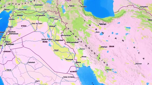 Detailed Map of Israel, Iran and Middle East Showing Regional Borders, Countries, Seas and Strategic Geographic Locations for Global Geography